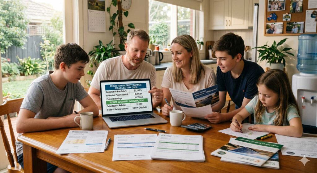 Australian homeowners reviewing solar panel rebate options and electricity bill savings in 2026
