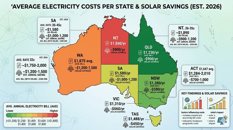 Map showing average electricity bill in Australia by state in 2026, including solar savings