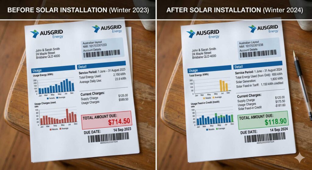 Comparison of electricity bills before and after solar panel installation in Australia